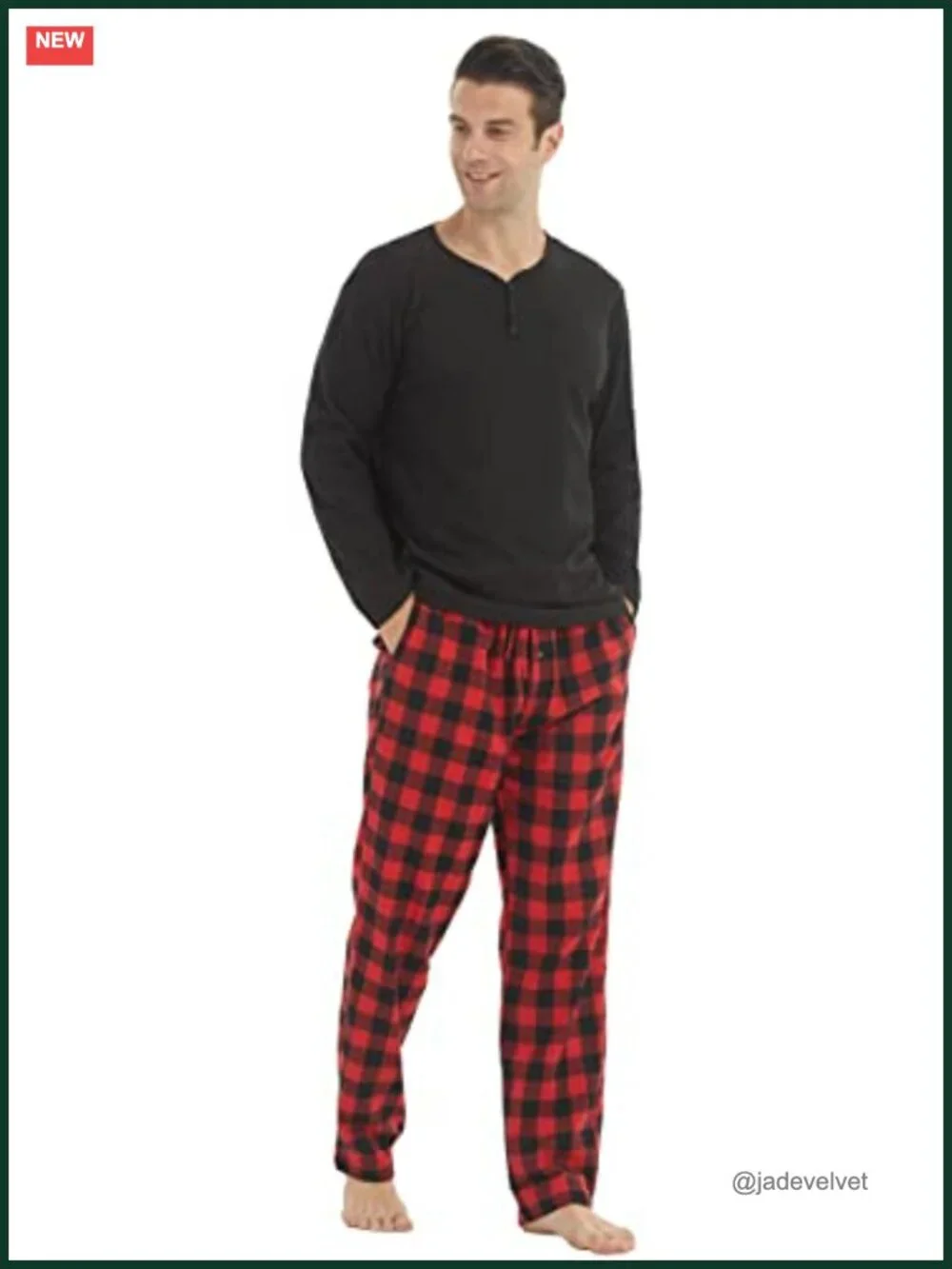 Mens Pajama Set Long Sleeve Henley Neck Button Top Plaid Pants Soft Loungewear